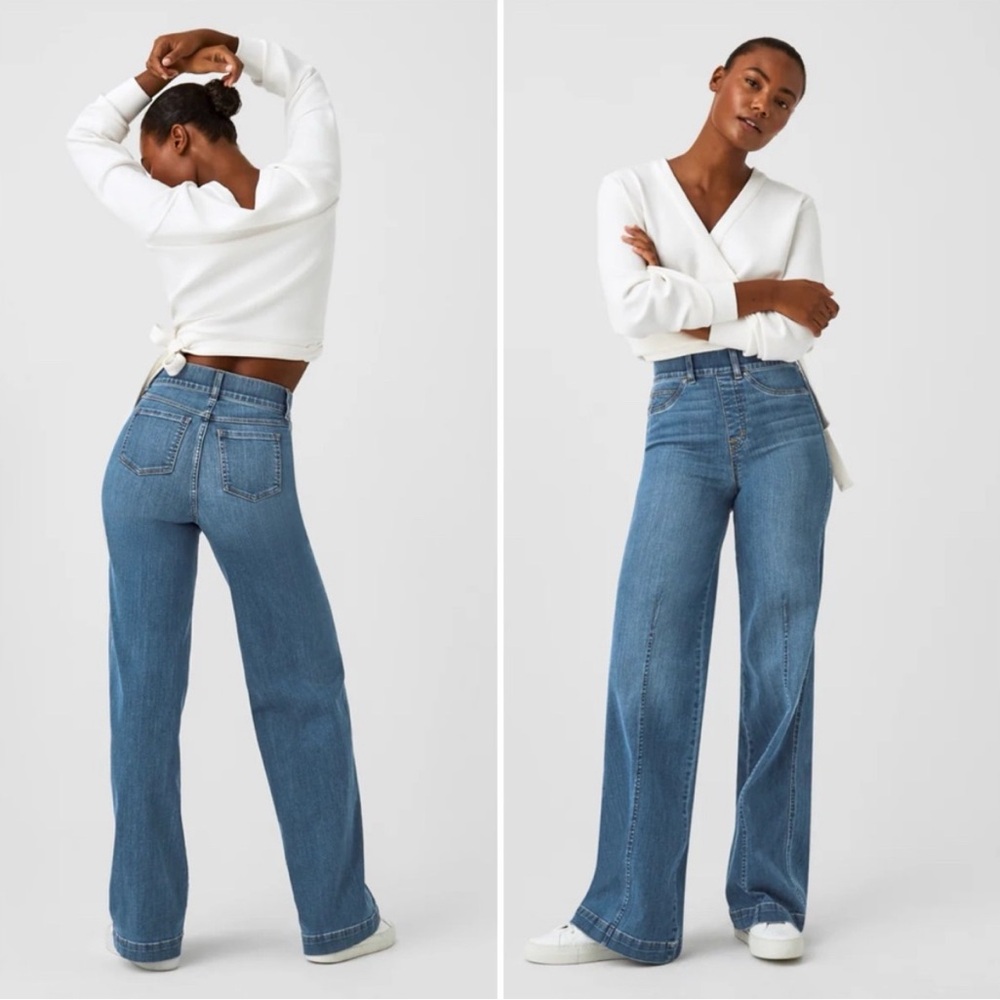 SPANX Seamed Front Wide Leg Jeans Vintage Indigo Pull On Size Small